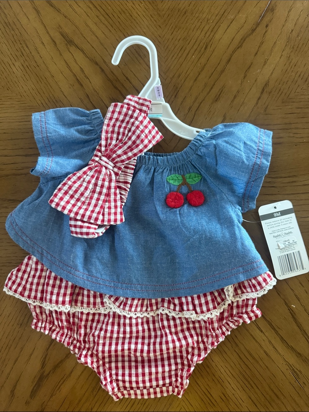 Baby Starters Blue Chambray Top with Red Gingham Bloomers & Headband